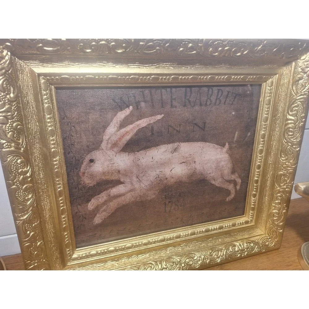 Vintage ornate gold wood frame with new canvas white rabbit print